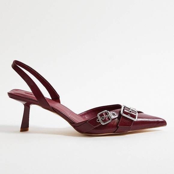 NEW Urban Outfitters Burgundy Buckle Slingback Kitten Heels - Picture 3 of 12